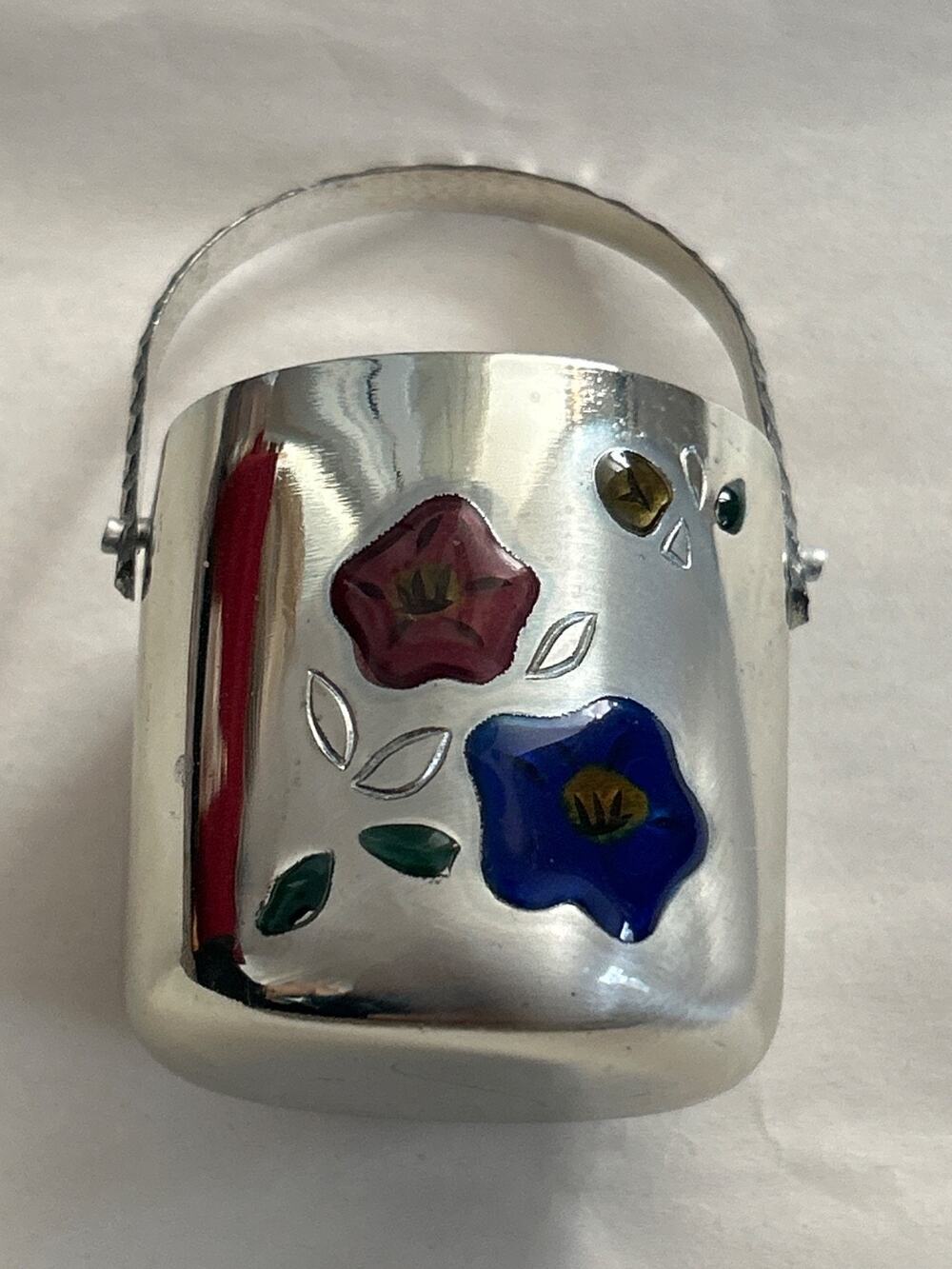Unbranded Japanese Toothpick holder bucket with enamel flowers